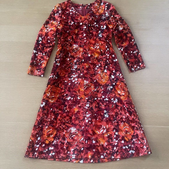 Women's Vintage 60s 70s Handmade Floral Red 3/4 Sleeve One Of A Kind Dress Sz 2 - Picture 1 of 7